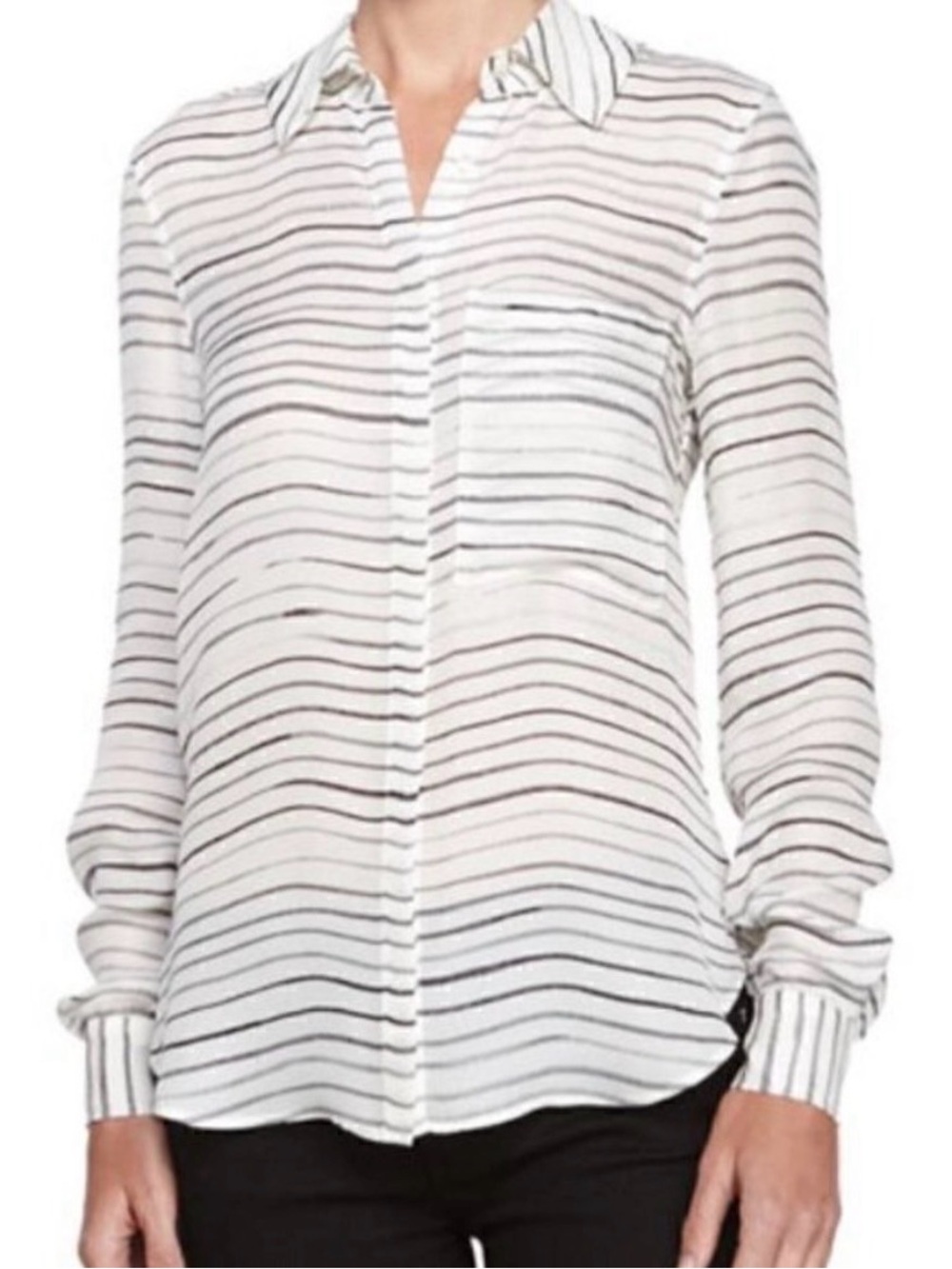 Haute Hippie Painterly Cream Black Stripe Silk Long Sleeve Blouse Button Down